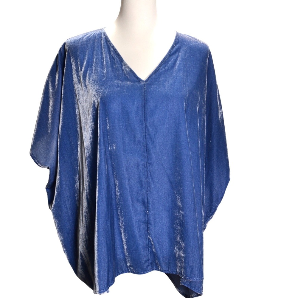 Pure Jill Blue Velvet V Neck Poncho Top Draped Relaxed Fit Minimal Chic Flowy S